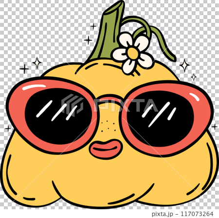 Groovy Retro Halloween pumpkin Cartoon Character Doodle Hand Drawing  Vibrant Bold Funky Art 117073264