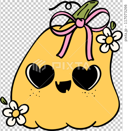 Groovy Retro Halloween pumpkin Cartoon Character Doodle Hand Drawing  Vibrant Bold Funky Art 117073266