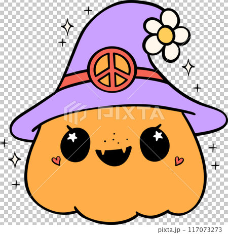 Groovy Retro Halloween pumpkin Cartoon Character Doodle Hand Drawing  Vibrant Bold Funky Art 117073273