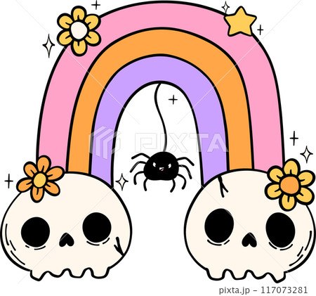 Groovy Retro Halloween skull rainbow Cartoon Character Doodle Hand Drawing  Vibrant Bold Funky Art 117073281