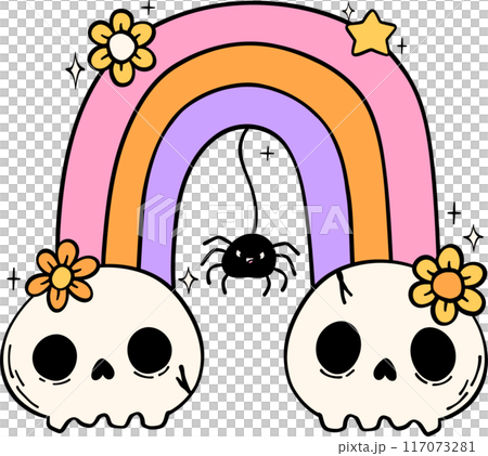 Groovy Retro Halloween skull rainbow Cartoon Character Doodle Hand Drawing  Vibrant Bold Funky Art 117073281