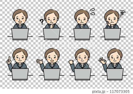 Upper body illustration set of a middle-aged woman operating a personal computer Upper body illustration set of a middle-aged woman operating a personal computer 117073305