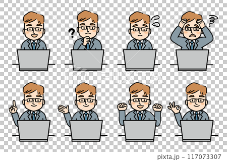 Illustration set of a male office worker wearing glasses operating a computer 117073307