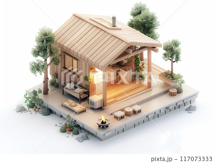 3D isometric tiny house model on a clean white backdrop, 117073333