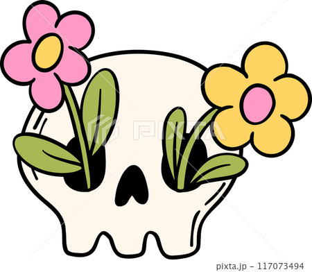Groovy Retro Halloween skull face Cartoon Character Doodle Hand Drawing  Vibrant Bold Funky Art 117073494