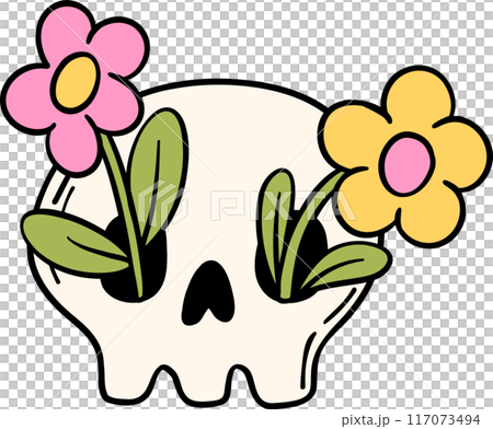 Groovy Retro Halloween skull face Cartoon Character Doodle Hand Drawing  Vibrant Bold Funky Art 117073494