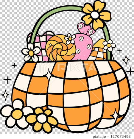 Groovy Retro Halloween pumpkin basket Cartoon Character Doodle Hand Drawing  Vibrant Bold Funky Art 117073498