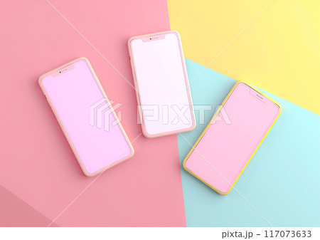 Collection of social media story layouts on blank smartphone screens, pastel theme 117073633