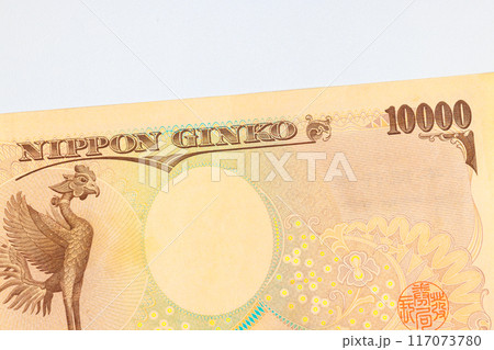Banknotes of Japan cash money denominations ten thousand yen issued by Nippon ginko national bank rear view 117073780