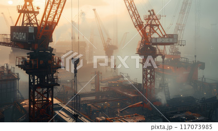 The industrial landscape is dotted with cranes and other heavy machinery, creating a sense of power and progress. 117073985