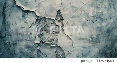 Aged cement background, peeling paint patches, exposed brick sections. 117074004
