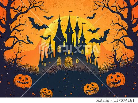 Halloween advertisement design, pumpkin, ghost bats, spooky castle silhouette, 117074161