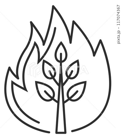 Burning tree symbol. Forest fire black line icon 117074367