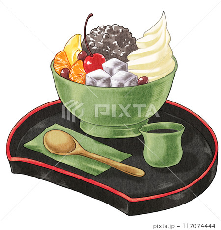 喫茶店メニュー　お盆に乗ったあんみつのイラスト 117074444