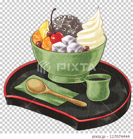 喫茶店メニュー　お盆に乗ったあんみつのイラスト 117074444