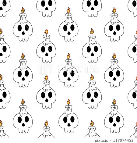 Seamless Pattern with Skull candle. Human skull with candle or candlestick. Halloween symbol background. Vector flat illustration. 117074452