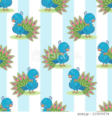 Seamless pattern with cute peacock on striped background. Funny cartoon kawaii bird character. Vector illustration. Kids collection 117074774