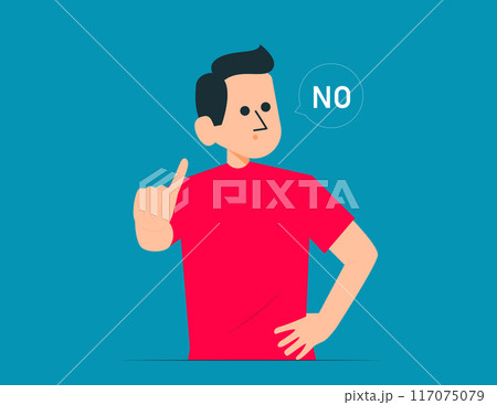 Young person saying no with rejecting hand gesture. Vector concept 117075079