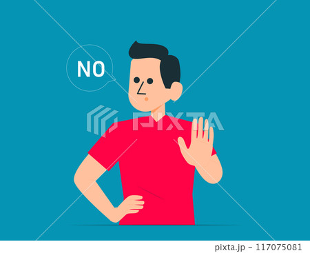 Young person saying no with rejecting hand gesture. Vector concept Young person saying no with rejecting hand gesture. Vector concept 117075081