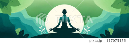 緑豊かな背景で瞑想する人のシルエット 117075136