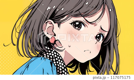 口と顔を歪めて嫌な感情を表している若い女性