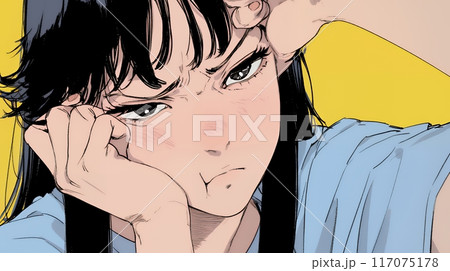 口と顔を歪めて嫌な感情を表している若い女性