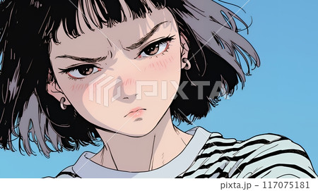 口と顔を歪めて嫌な感情を表している若い女性