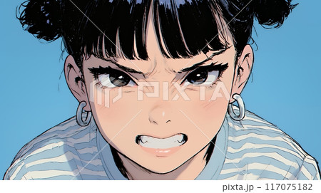 口と顔を歪めて嫌な感情を表している若い女性