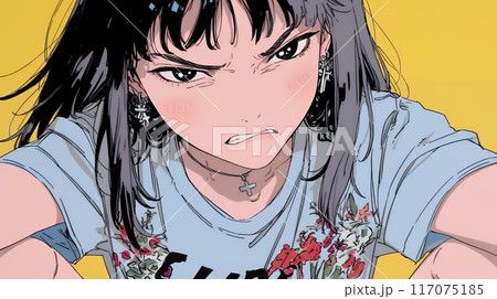 口と顔を歪めて嫌な感情を表している若い女性