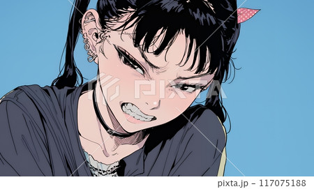 口と顔を歪めて嫌な感情を表している若い女性 117075188