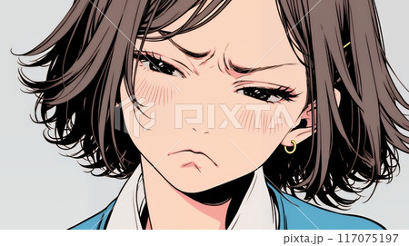 口と顔を歪めて嫌な感情を表している若い女性