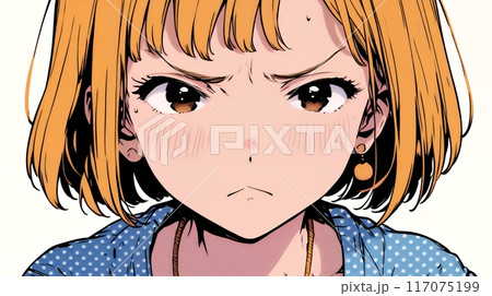 口と顔を歪めて嫌な感情を表している若い女性