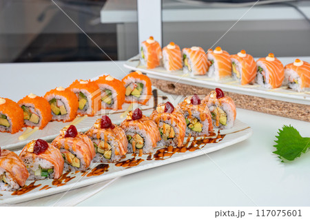 Ceramic tray with variety of salmon sushi roll with vegetables, appetizing japanese meal Ceramic tray with variety of salmon sushi roll with vegetables, appetizing japanese meal 117075601