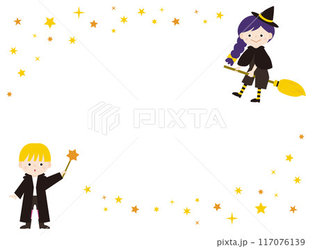 かわいい二人の魔法使いのいるハロウィンのフレーム かわいい二人の魔法使いのいるハロウィンのフレーム 117076139