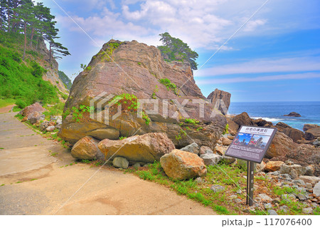 東北・三王岩・三王園地遊歩道の田老の津波石、津波で30m動いたと伝わる推定200tの岩・岩手県宮古市 117076400