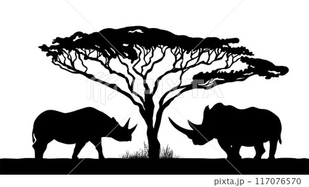 Rhinoceroses and African tree. hand drawn. Not AI, Vector illustration Rhinoceroses and African tree. hand drawn. Not AI, Vector illustration 117076570