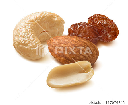 Almond, cashew nut, peanut and raisins isolated on white background 117076743
