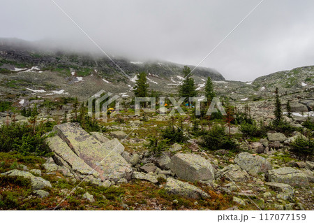 Camping in the remote rainy mountains. 117077159