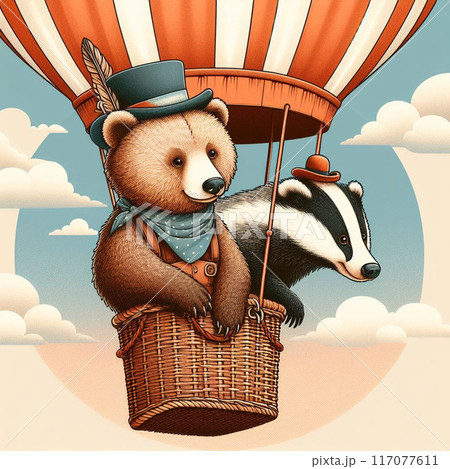 Teddy bear and badger are flying in a hot air balloon. High quality illustration Teddy bear and badger are flying in a hot air balloon. High quality illustration 117077611