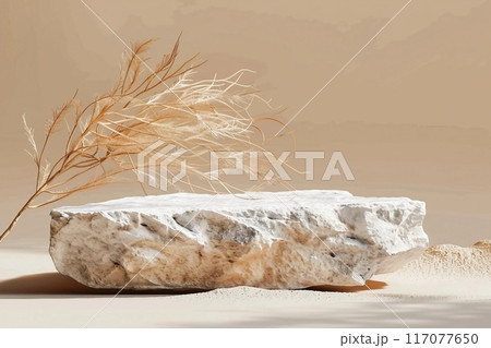 Tropical dry leaf product presentation with Cracked stone . Natural beige background Studio Minimal showcase Tropical dry leaf product presentation with Cracked stone . Natural beige background Studio Minimal showcase 117077650
