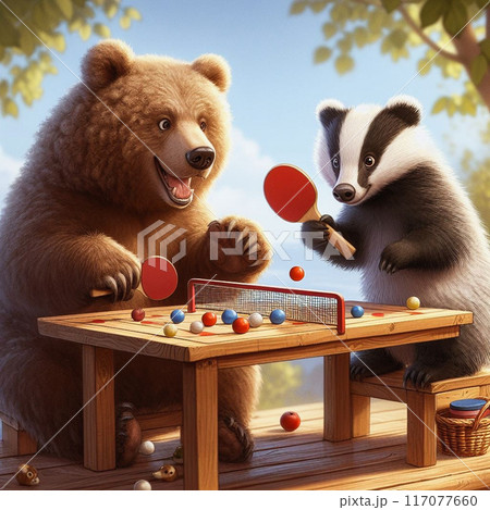 a bear cub and a badger drink tea near a village house. High quality illustration 117077660