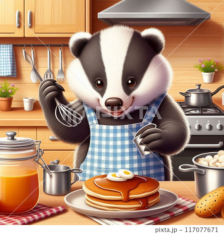 badger in an apron preparing pancakes in the kitchen. High quality illustration badger in an apron preparing pancakes in the kitchen. High quality illustration 117077671