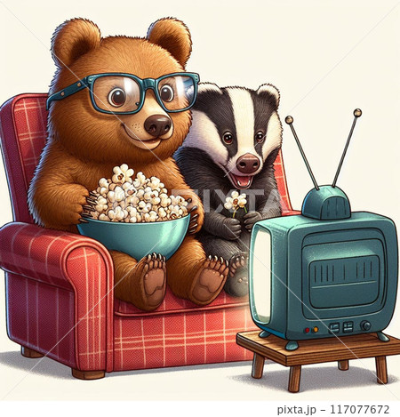 a bear cub and a badger drink tea near a village house. High quality illustration a bear cub and a badger drink tea near a village house. High quality illustration 117077672