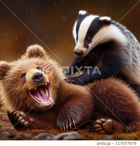 a bear cub and a badger drink tea near a village house. High quality illustration a bear cub and a badger drink tea near a village house. High quality illustration 117077678
