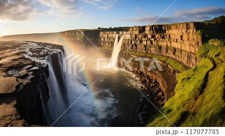 A breathtaking waterfall cascades down a rugged cliff, creating a mesmerizing rainbow in the mist at sunrise. The power of nature is on full display in this scenic landscape. 117077785