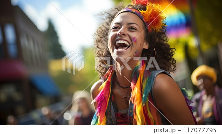 Young woman with vibrant smile and colorful attire enjoys a lively celebration, radiating joy and inclusivity. 117077795