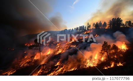 Raging wildfire burning through a forest, engulfing trees in flames and generating thick smoke. Environmental disaster and climate change concept. Raging wildfire burning through a forest, engulfing trees in flames and generating thick smoke. Environmental disaster and climate change concept. 117077796