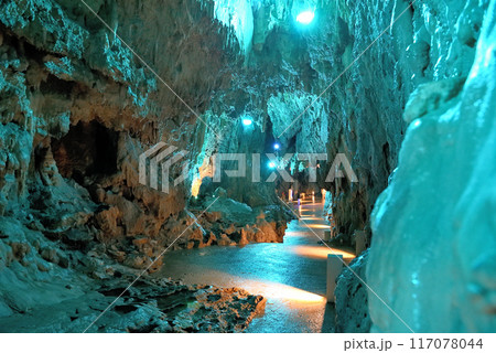 東北・龍泉洞・月宮殿・百間廊下の奥にある、月を思わせる幻想的な広い空間・岩手県岩泉町(4) 117078044