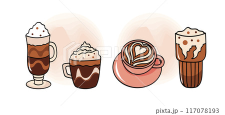 Coffee drinks. Colored cartoon illustrations in doodle style. Cappuccino, mocha, ice cream. Coffee drinks. Colored cartoon illustrations in doodle style. Cappuccino, mocha, ice cream. 117078193