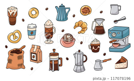 Coffee cute cartoon stickers in doodle style. Vector illustration for bakery or coffee house. 117078196